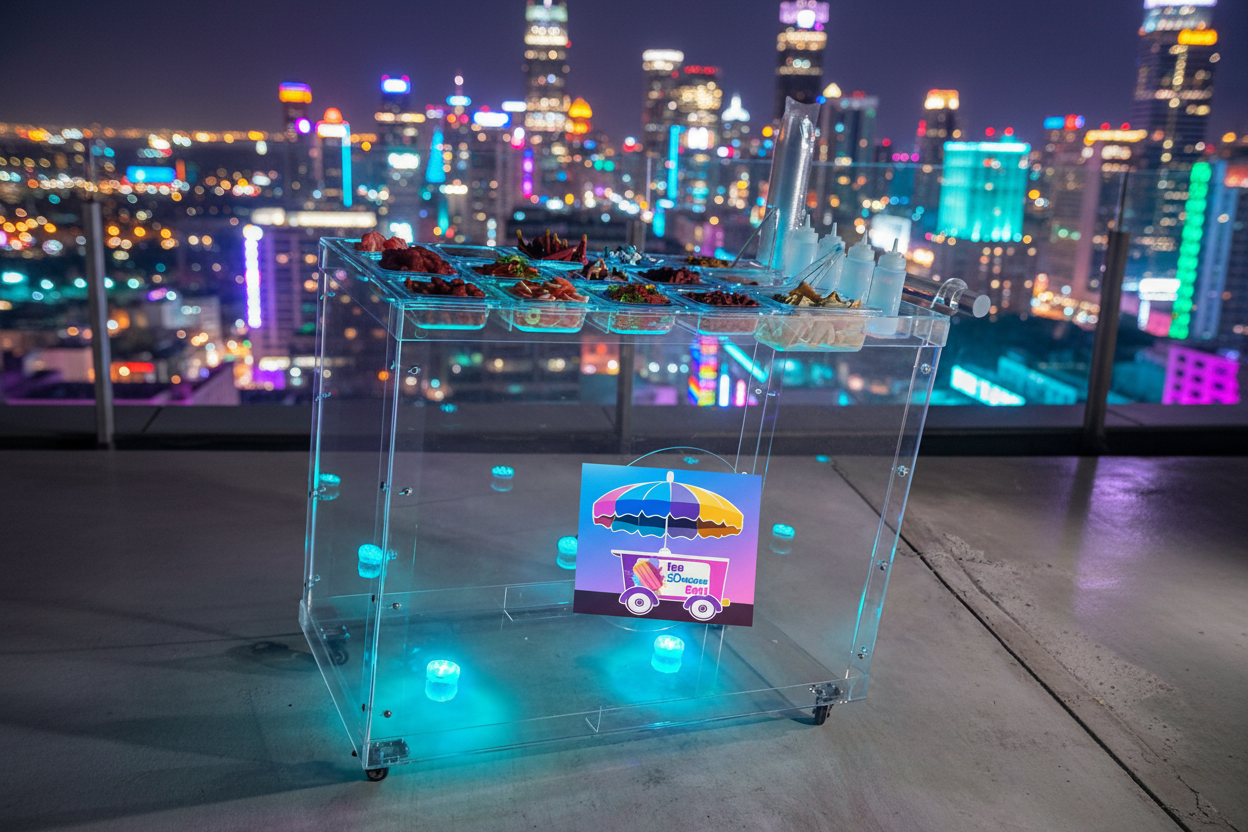 Carrito acrílico LED en rooftop de noche