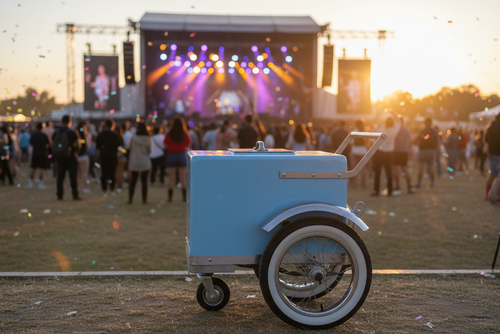 Carrito azul acero en festival de música