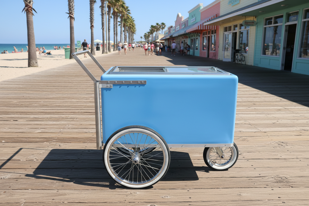 Carrito azul en boardwalk de playa