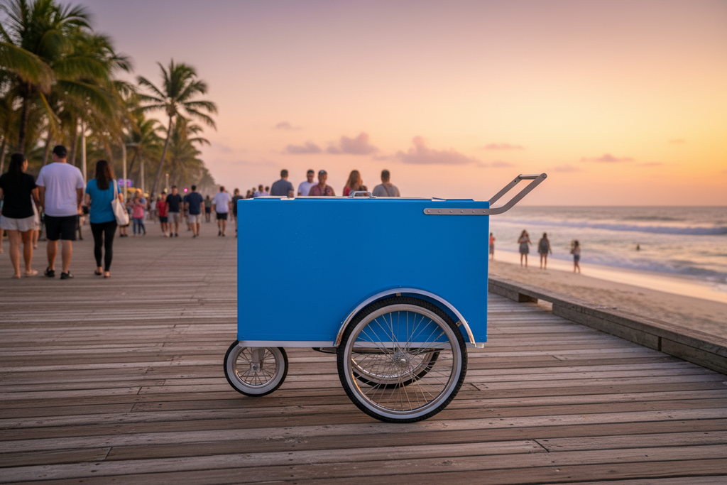 Carrito azul en playa al atardecer