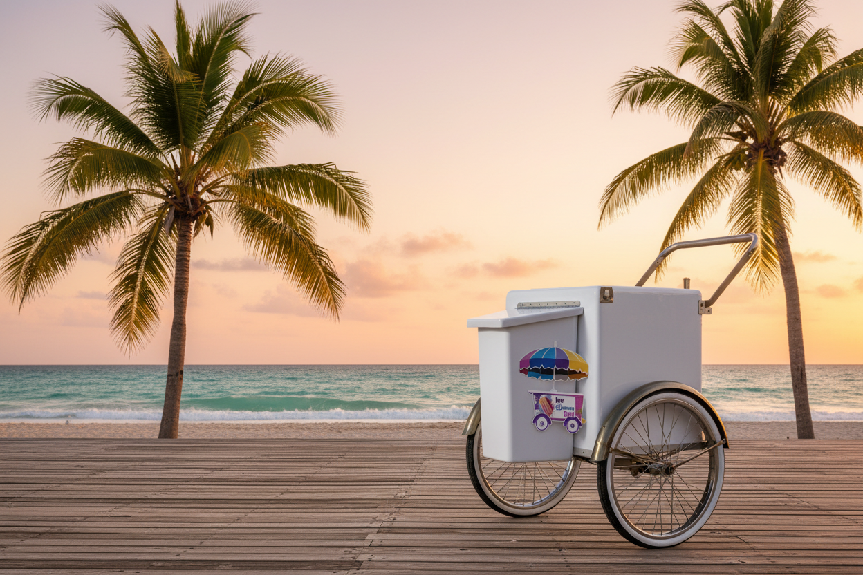 Carrito blanco en Miami Beach al atardecer