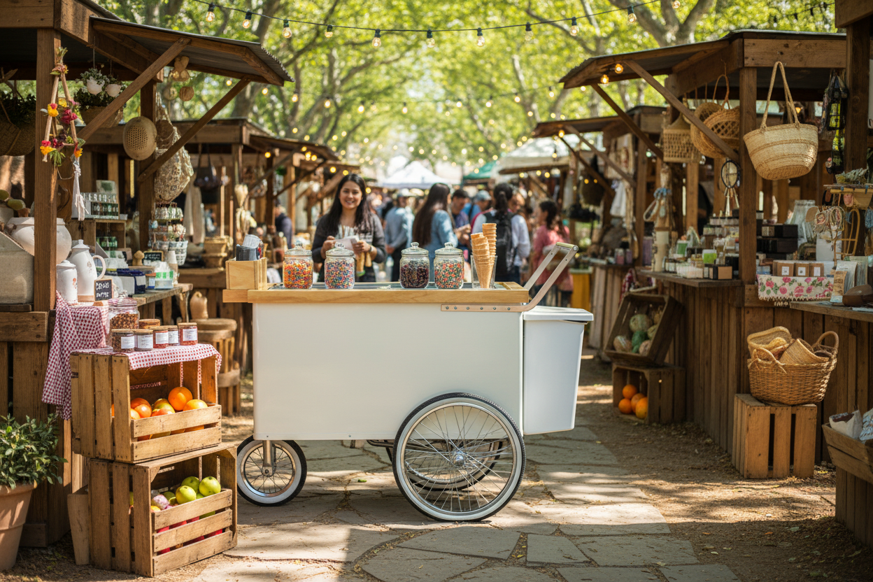 Carrito crema y gris en mercado artesanal