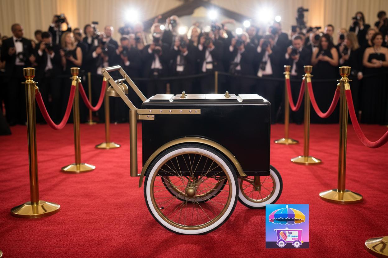 Carrito negro y dorado en alfombra roja