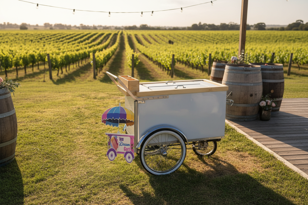 Carrito plateado con madera en viñedo