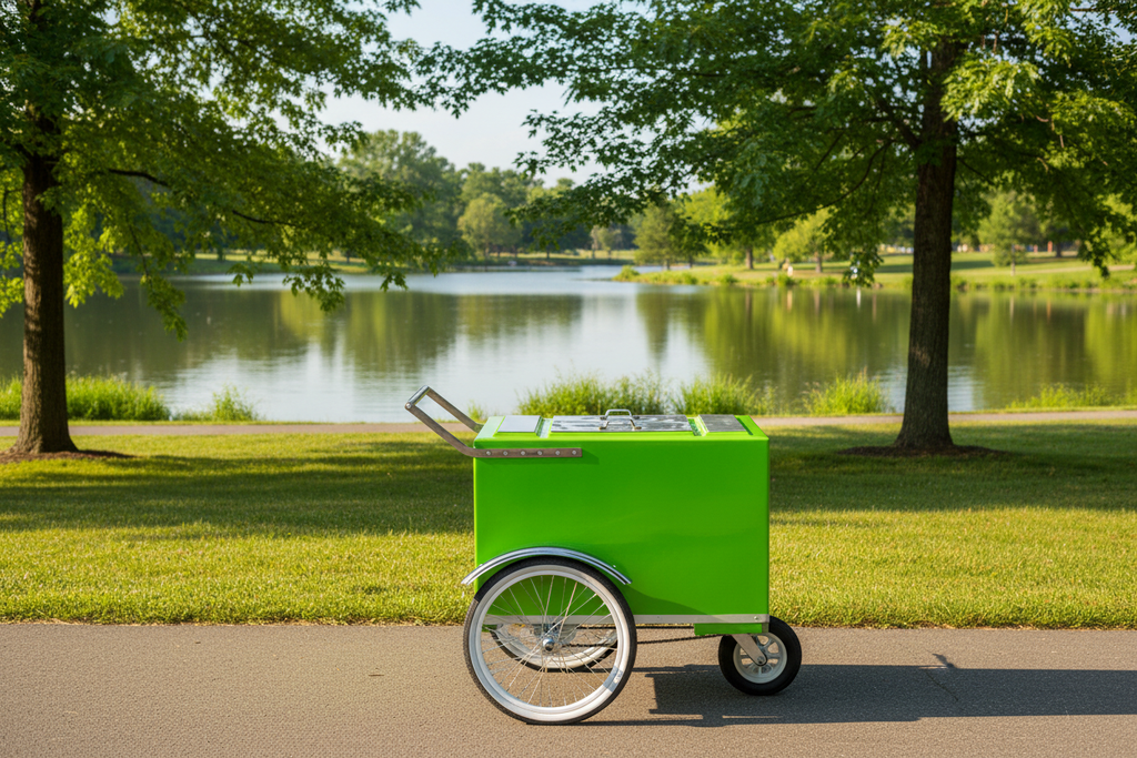 Carrito verde en parque con lago