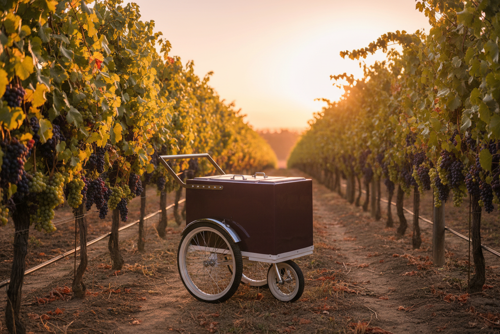 Carrito vino en viñedo al atardecer