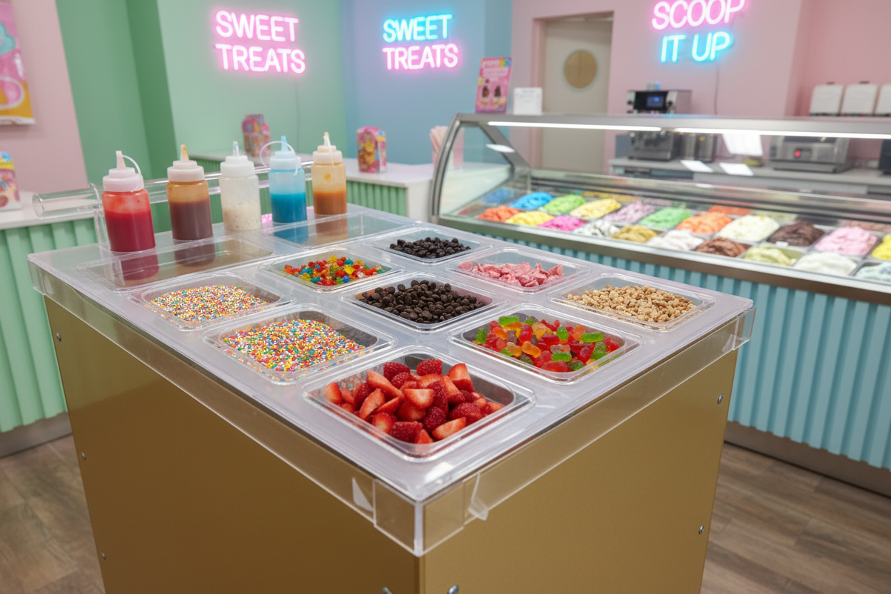 Estación de toppings en heladería moderna