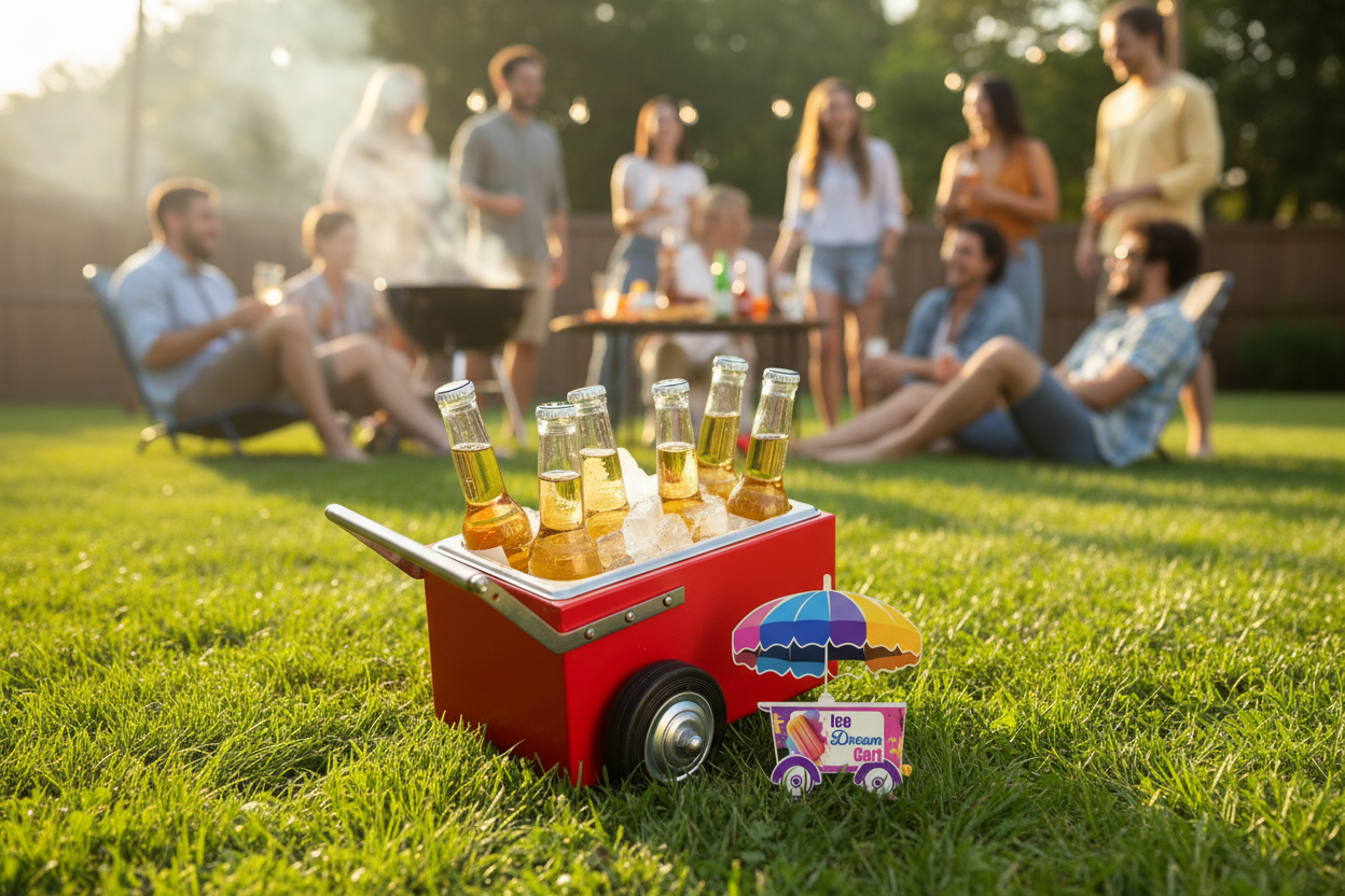 Mini beer cart rojo en BBQ de verano