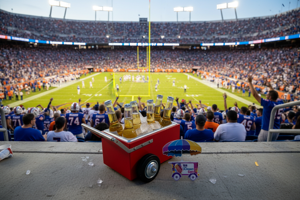 Mini beer cart rojo en estadio de fútbol